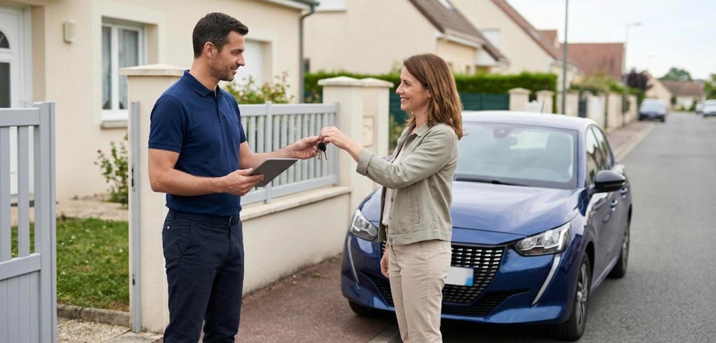 Chauffeur professionnel récupérant les clés d'une voiture auprès de sa propriétaire devant une maison avant un convoyage