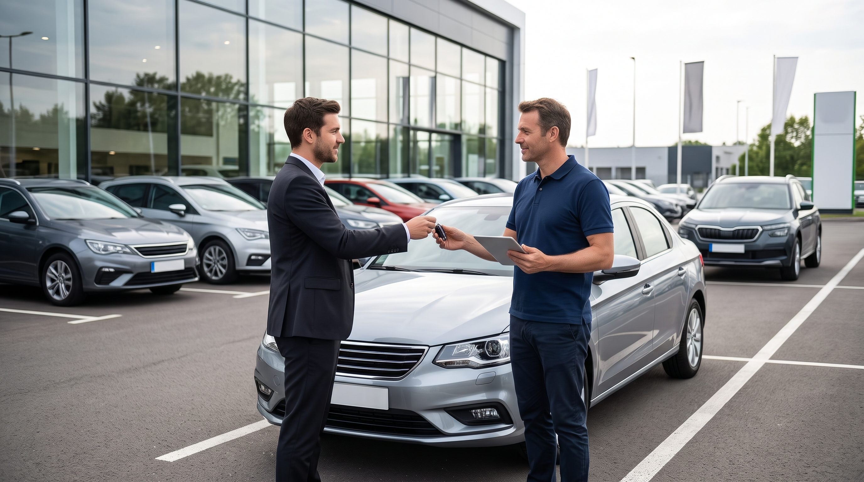 Chauffeur professionnel récupérant les clés d'un véhicule neuf auprès d'un conseiller sur le parking d'une concession avant un convoyage
