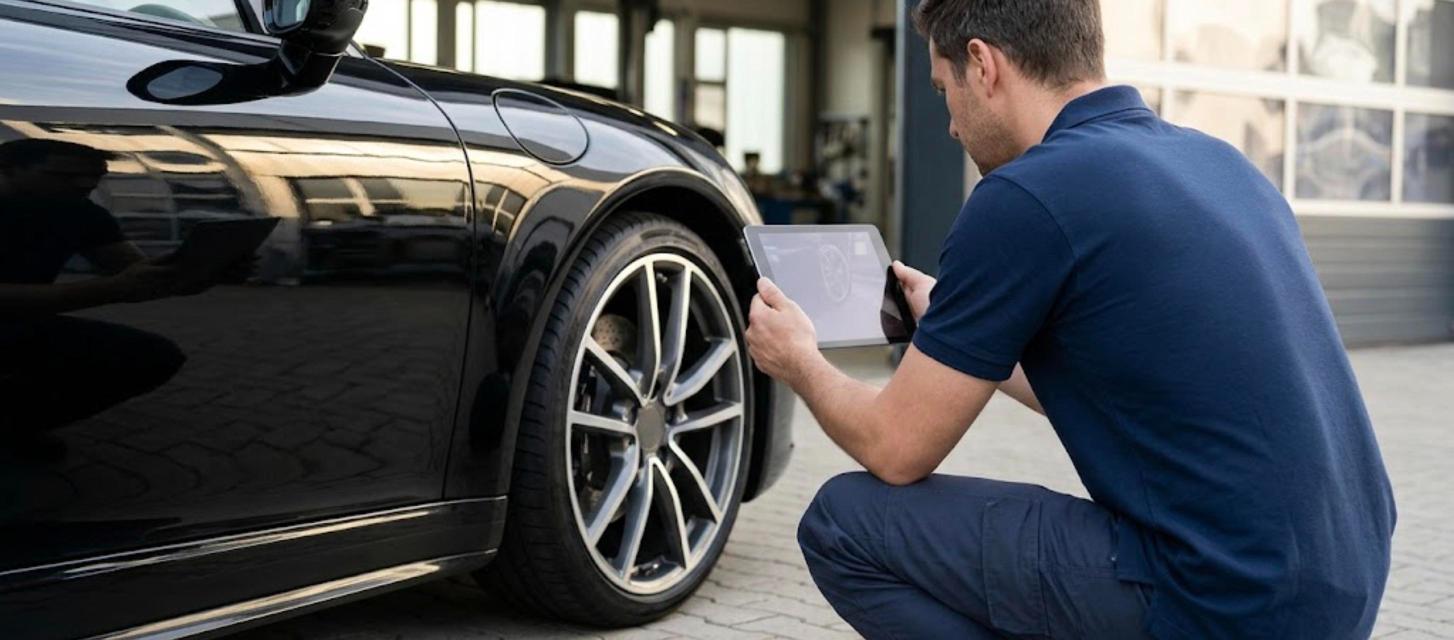 Convoyeur de voiture de luxe réalisant l'état des lieux d'une sportive avant une mission