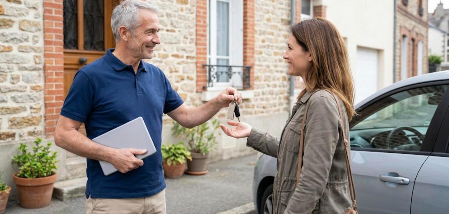 Retraité convoyeur de voiture remettant les clés d'un véhicule après une mission de convoyage