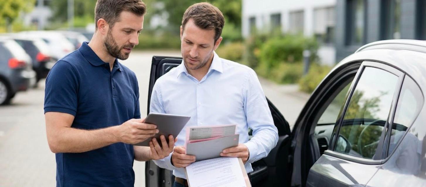 Convoyeur et client vérifiant le contrat de mission et les documents du véhicule avant un convoyage