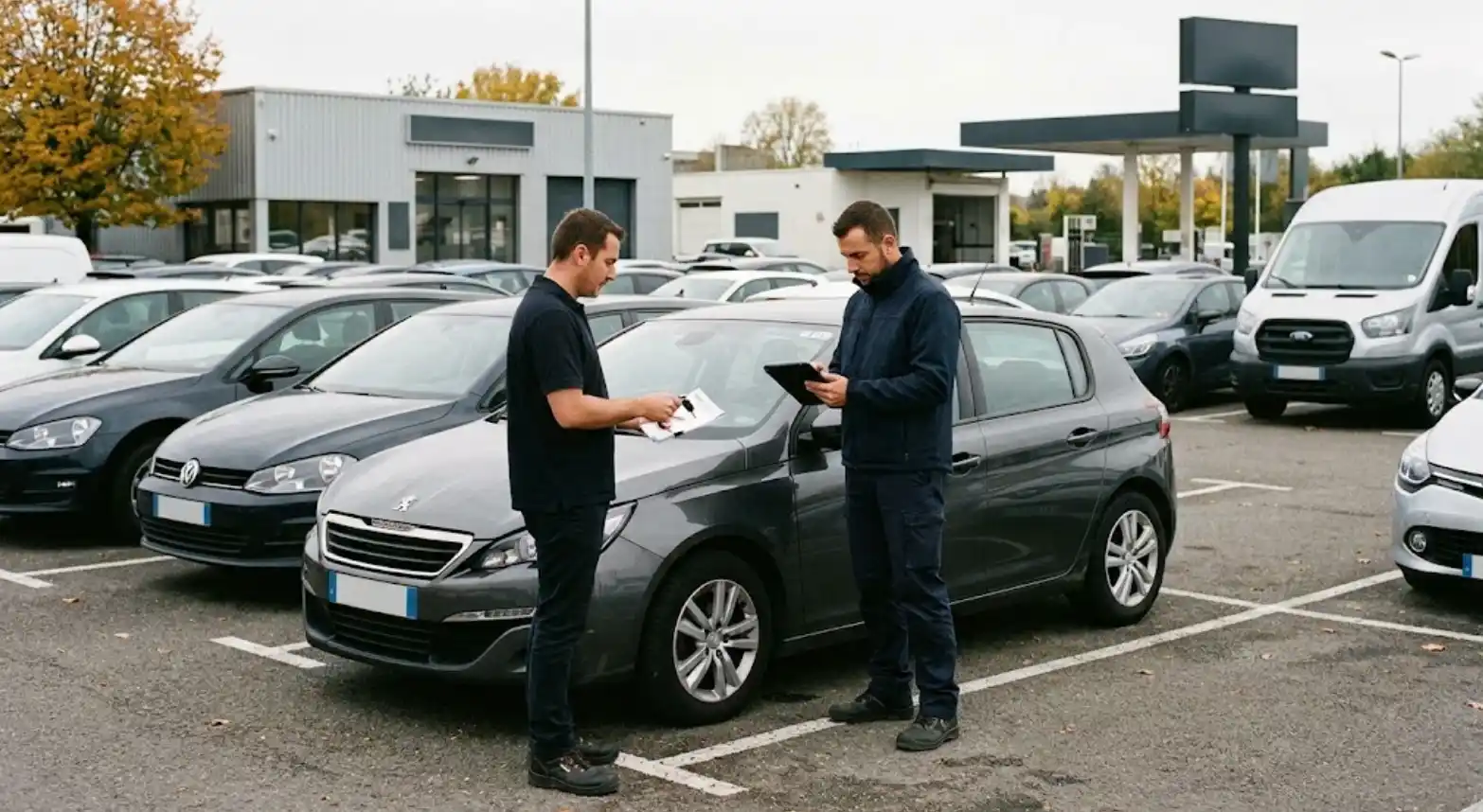 Convoyeur récupérant une voiture de location sur le parking d'une agence