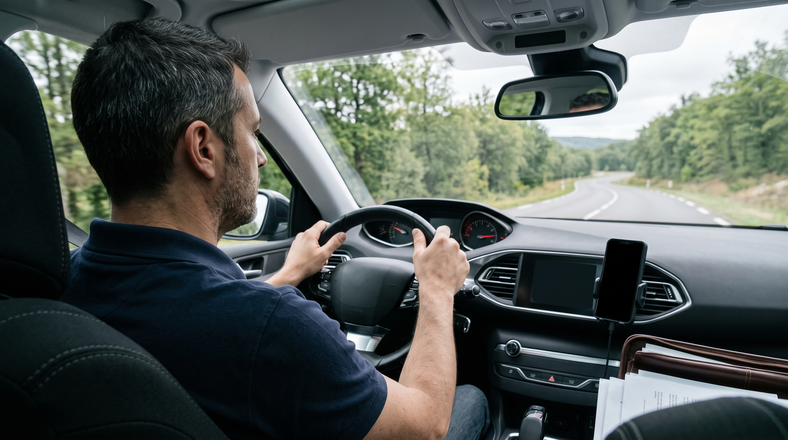 Convoyeur de véhicule au volant d'une berline pendant une mission de convoyage