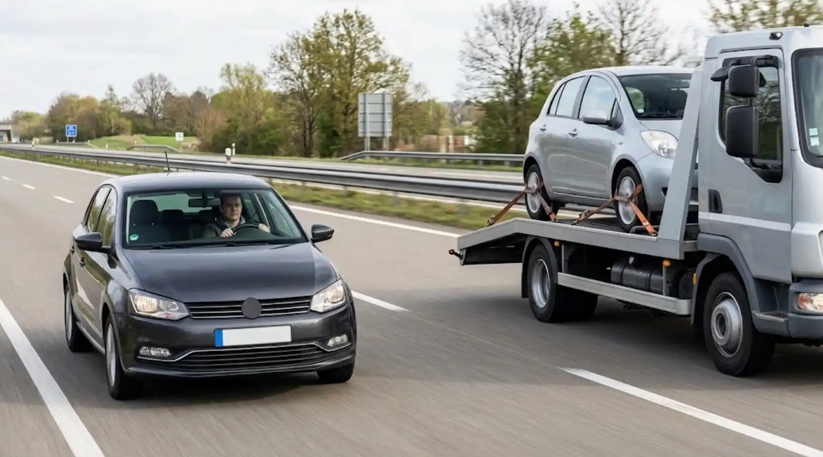 Voiture conduite par un chauffeur convoyeur à côté d'une voiture chargée sur un camion plateau porte voitures