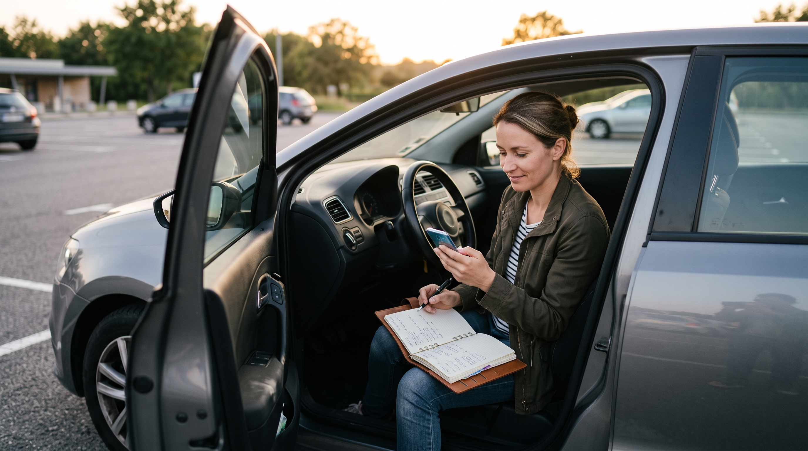 Convoyeur auto-entrepreneur faisant le suivi de ses revenus de mission dans sa voiture