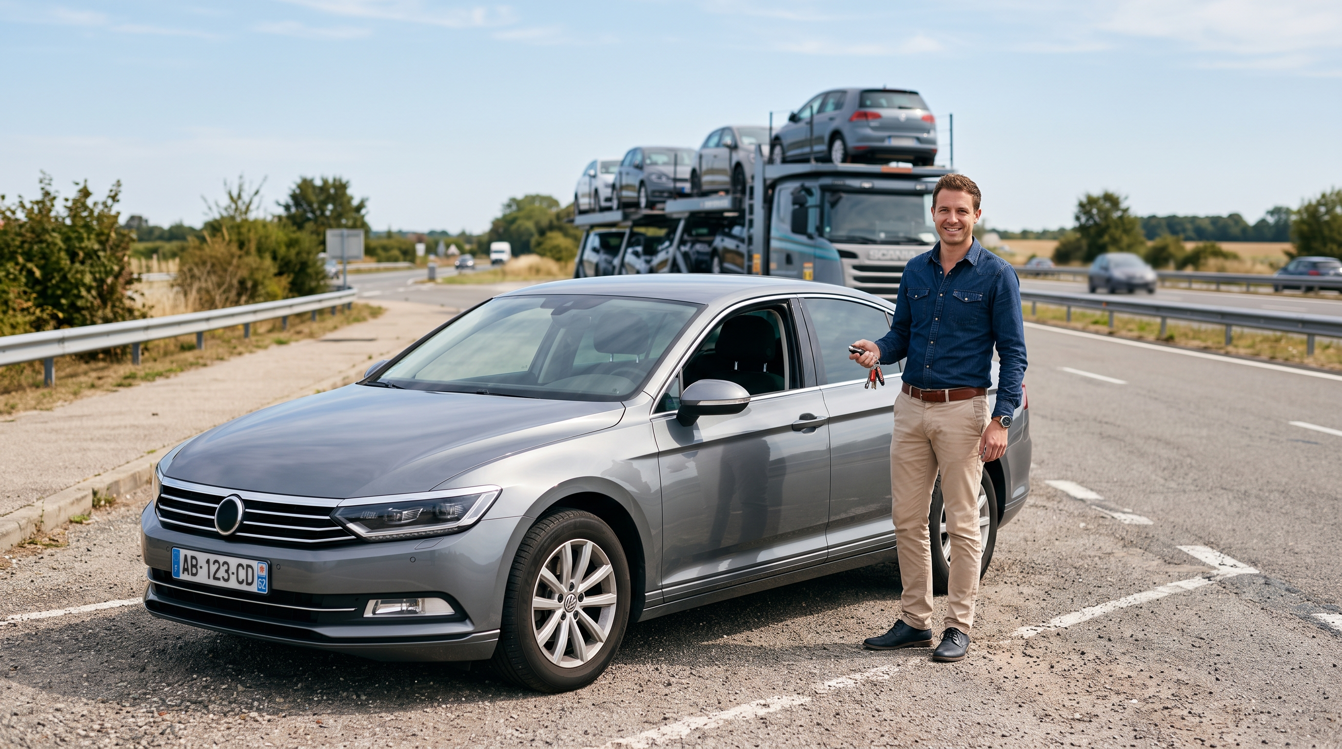 Voiture prise en charge par un convoyeur devant un camion porte-voitures